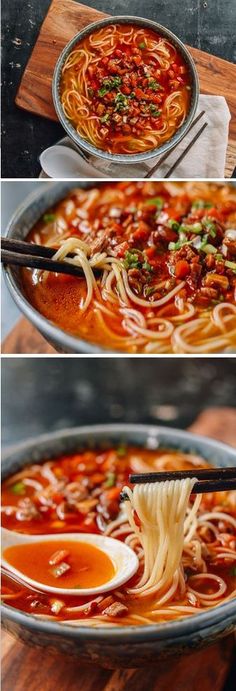 three pictures showing the process of making pasta with tomato sauce and noodles in a skillet