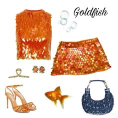 an assortment of clothing and accessories with goldfish on them