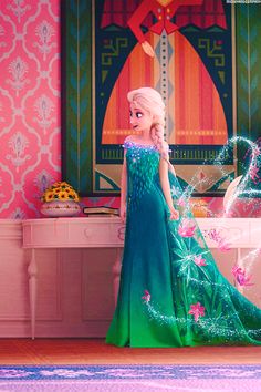 a frozen princess standing in front of a pink and green wall with flowers on it