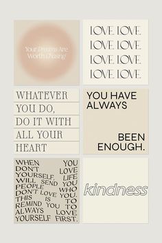 four different types of typograms with the words love and kindness on them