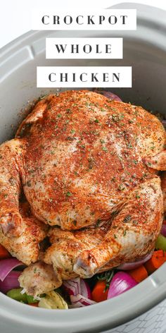 a close up of a chicken in a crock pot with the title above it