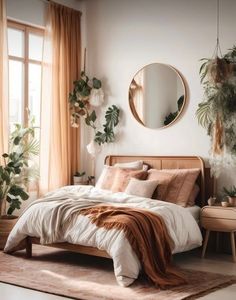 a bedroom with a bed, mirror and potted plants