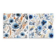 two blue and orange floral paintings on white wall art prints, one with an image of flowers