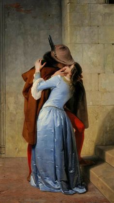 a painting of two people embracing each other