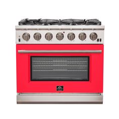 a red stove with four burners and two ovens on each side, in front of a white background