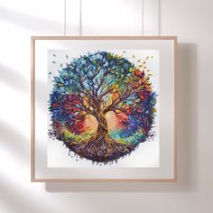 a painting hanging on a wall with a tree in the middle