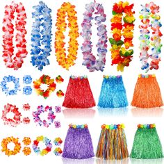 hawaiian hula skirts and flower leis are arranged in different colors on a white background