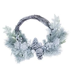 a wreath with pine cones and snowflakes