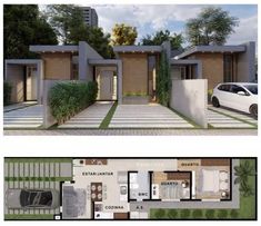 two floor plans for a modern house in the middle of an urban area with cars parked outside