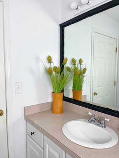 a white sink sitting under a large mirror next to a bathroom vanity with two potted plants on top of it