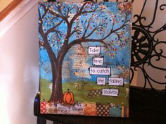 a painting with words written on it and a tree