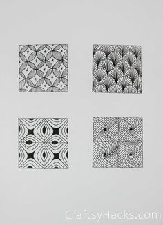 four different designs are shown in black and white on a gray background with the words crafty hacks