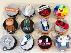 cupcakes decorated with various sports related items