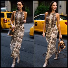 two pictures of a woman walking down the street with a handbag in her other hand