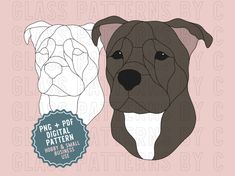 a black and white pit bull dog face with the words glass patterns by gg on it