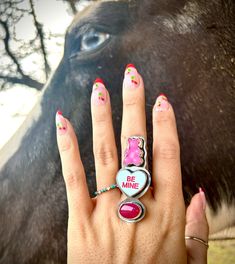 3 "stone" ring with baby blue resin conversation heart, pink resin gummy and hot pink chalcedony stone set in sterling silver.  Size 7.5 Statement Ring, Leather Bracelets Women, Chalcedony Stone, Bold Jewelry, Western Jewelry, Jewelry Lookbook, Jewelry Inspo, Cute Jewelry, Body Jewelry