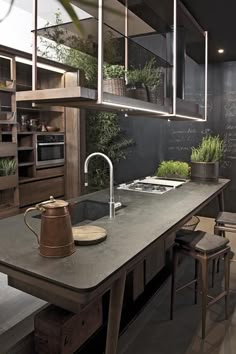 a kitchen with a sink, stove and some potted plants on the counter top