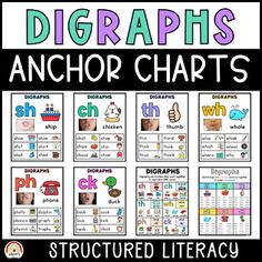 an anchor chart with the words diggraphs and pictures for each word, which are in different