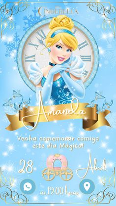 the disney princess birthday party poster is shown in blue and gold with snowflakes