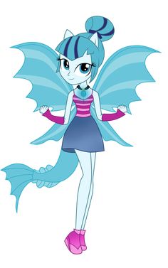 a cartoon character with blue hair and wings