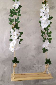 two white flowers are hanging from a rope