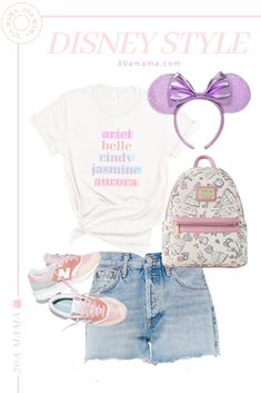 a white shirt, blue shorts and pink shoes are featured in this disney - style outfit