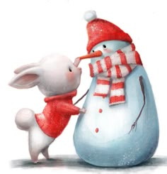 a white rabbit and a snowman in winter clothes, one is touching the other's nose