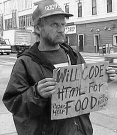 a man holding a sign that says will code mental for food all over the place