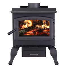 a black stove with flames on it