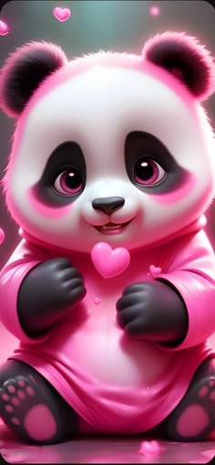 a panda bear sitting on the ground holding a heart in its paws with hearts floating around