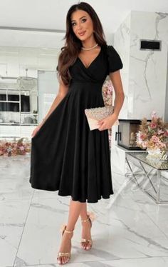 Puff Sleeve Midi Dress, Fitted Midi Dress, Weave Style, Sleeves Clothing, Sleeve Midi Dress, Color Shorts, Basic Style, Black Midi Dress, Swing Dress