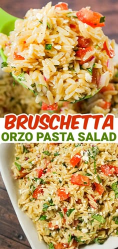 broccoli orzo pasta salad in a white serving dish with a green spoon