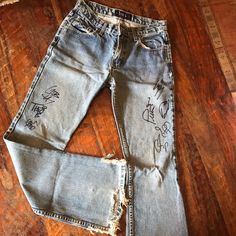 Flare Leg Autographed Jeans From Gob, Publicity Stunt, Simple Plan And More. These Began Their Autographing Life In The Early 2000's And Was Worn To Quite A Few Different Concerts. Low/Mid Rise, Still In Style And Room For More Autographs! Cannot Model As I Was Much Smaller 20 Years Ago, So They No Longer Fit Me. Lei Jeans, Simple Plan, Fancy Dresses, Jeans And Boots, Autograph, Lei, Blue Gray, Boot Cut, 20 Years