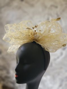 Champagne crionline 3 tier bow with gold crystal beads and gold emblishments on an Alice band Elegant Yellow Party Headband, Bow Fascinator, Alice Band, Gold Crystal, Raleigh Nc, Fascinator, Crystal Beads, Caps Hats, Accessories Hats