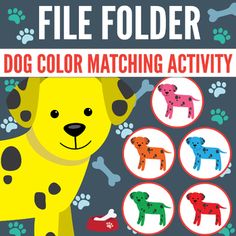 a poster with dogs and paw prints on the front of it, which says file folder dog color matching activity