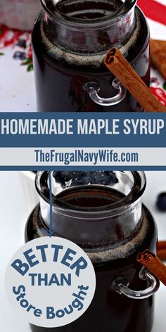 homemade maple syrup in a glass jar with cinnamon stickers on the top and bottom