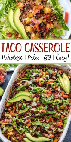 taco casserole with avocado, tomatoes and other vegetables