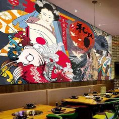 Japanese Mural Restaurant, Japanese Restaurant Wall Design, Restaurant Mural Design, Japanese Mural Art, Japanese Wall Painting, Japanese Food Wallpaper, Japanese Wall Mural, Restaurant Wall Mural, Japanese Mural