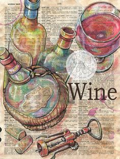 an old book page with wine bottles and corks