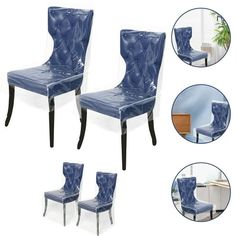 the blue chairs are upholstered and ready to be used as dining room furniture