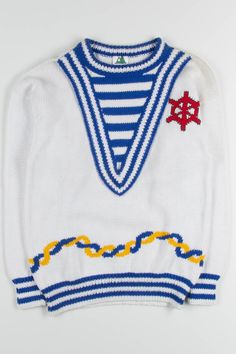 a white sweater with blue, yellow and red stripes on the chest is shown in front of a white background