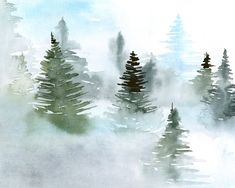 watercolor painting of pine trees in the foggy forest on a white and blue background