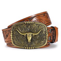 PRICES MAY VARY. Quality Materials: Cowboy belts for men are made of quality leather exquisite oiledge craft, making it soft and comfortable to wear. The embossed pattern on the western belt is exquisite and beautiful, showcasing charm and western style, it is a great western accessory for you. Removable Belt Buckle: The western belt buckle of cowboy belt is made of quality zinc alloy, classic and eye-catching. Western leather belt strap use 3 snap buttons, you can easily change the western buck Western Style Brown Belt For Gift, Western Style Brown Belt As Gift, Brown Western Style Belt For Gift, Cowboy Belts, Cowgirl Belt, Cowboy Theme Party, Belt For Jeans, Cowboy Belt Buckles, Cowgirl Belts