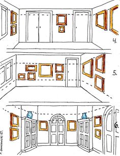 an architectural drawing shows the interior and exterior of a house with open doors, windows, and shutters