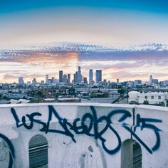 graffiti is spray painted on the side of a wall in front of a cityscape