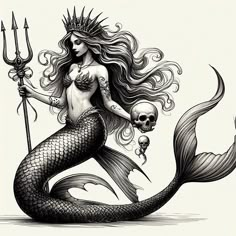 a drawing of a mermaid with a skull on it's tail holding a spear