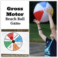 a collage of photos with the words gross motor beach ball game