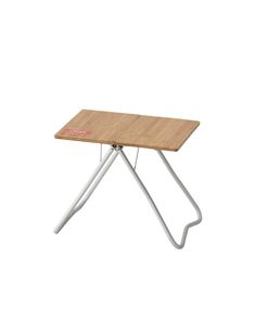 a small wooden table with metal legs and a wood top on an isolated white background