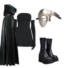 an assortment of black and silver items including a mask, dress, boots