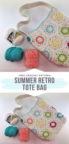 two crocheted bags with balls of yarn in them and the words summer retro tote bag